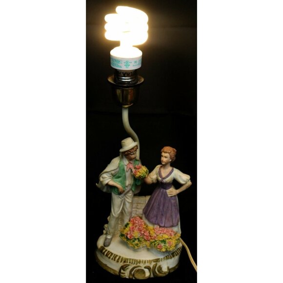 Vintage French Country European Lamp Man Woman Floral Accent Table Ceramic Resin - Picture 12 of 12